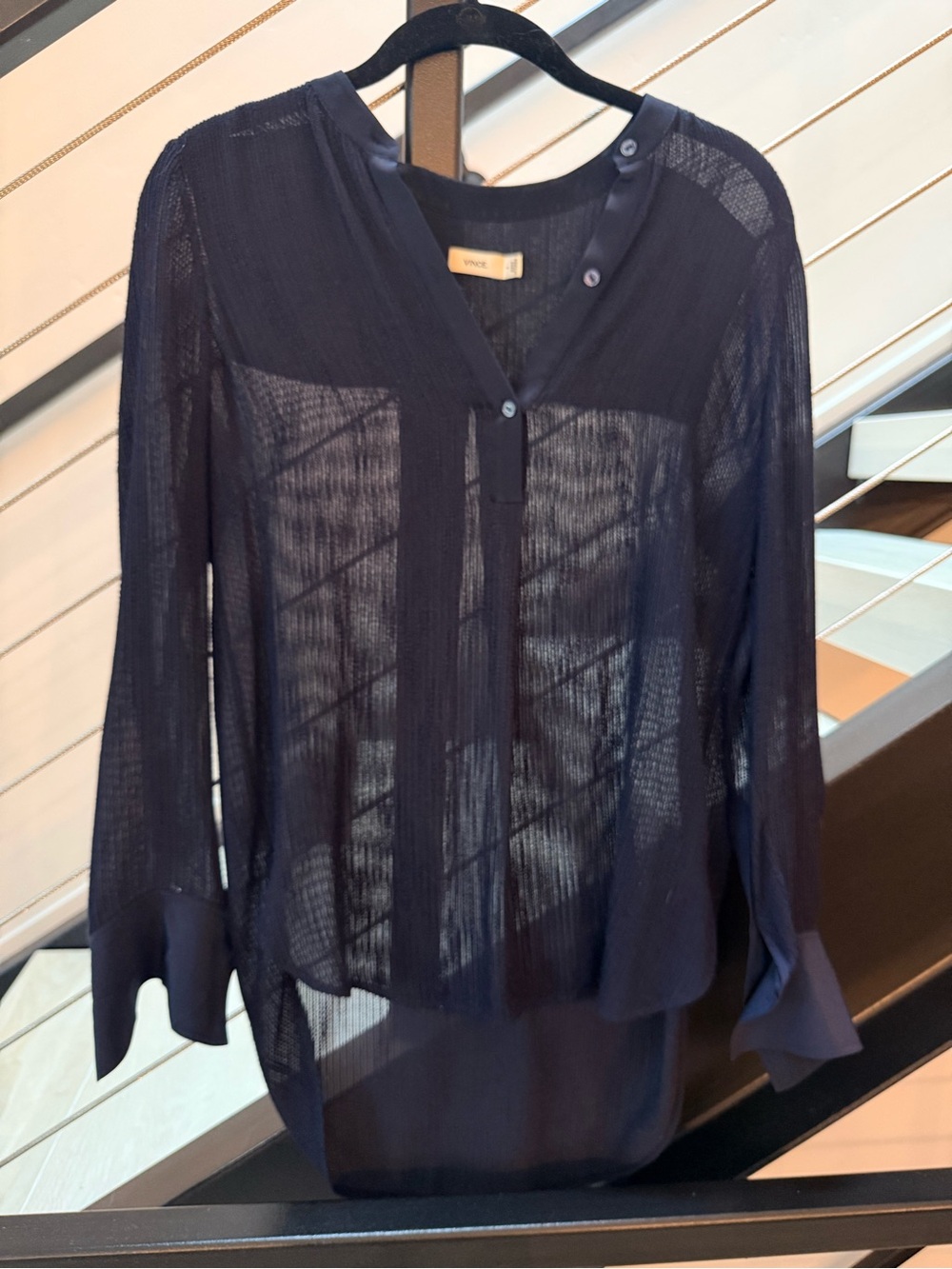 Vince Sheer Navy Button-Front Long Sleeve Blouse, slip included (also Navy)
